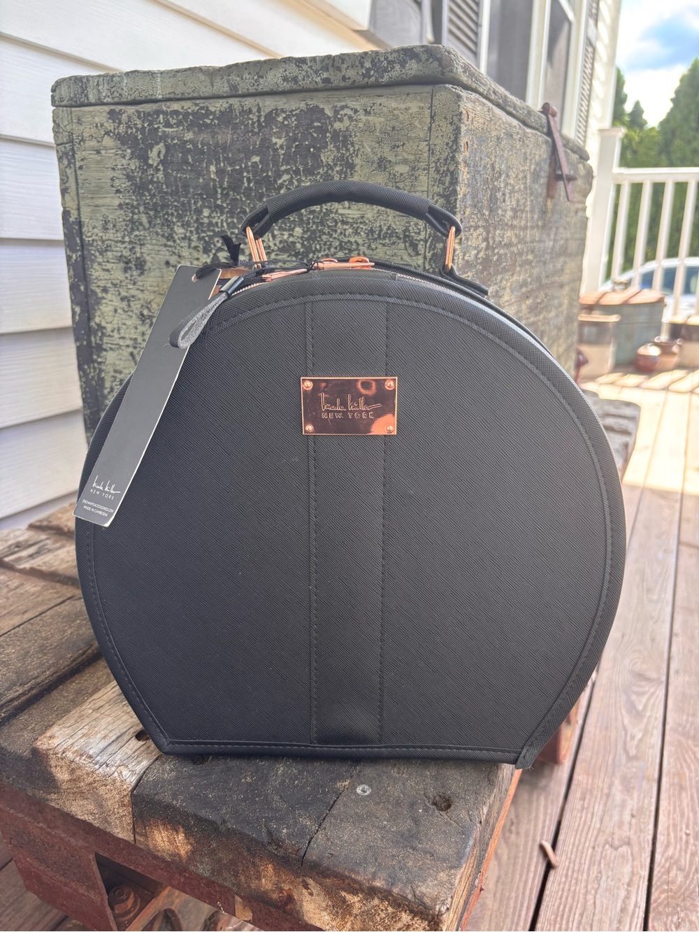 Nicole Miller Black Round Cosmetic Bag with Rose Gold Accents